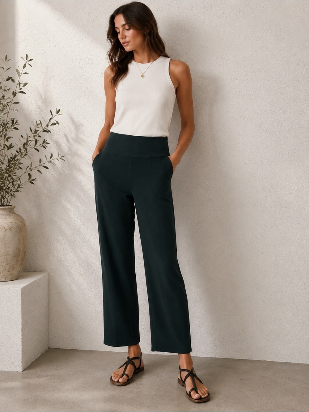 Eileen Fisher Wide Leg Crop Pants | Dark Green | Minimalist Quiet Luxury S